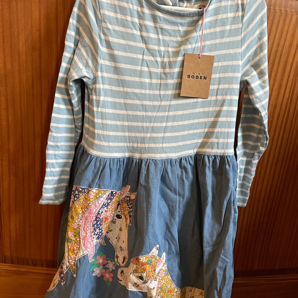 Boden Blue Striped Kids Dress with Horse Print
